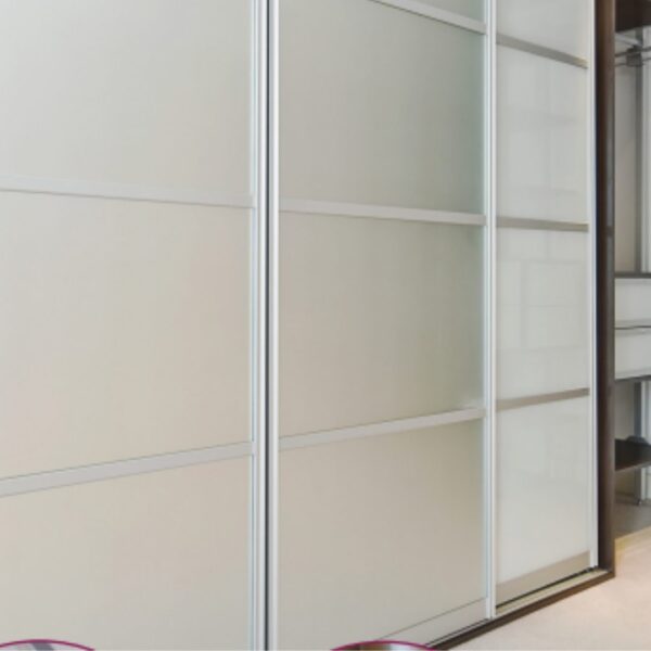 Modern anti-jump sliding panel wardrobe with frosted glass and aluminum frame, offering a sleek and space-saving storage solution.