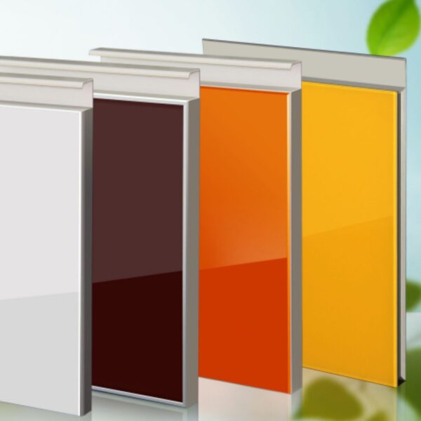 Vibrant glass cabinet doors in white, deep red, orange, and bright yellow with sleek aluminum framing.