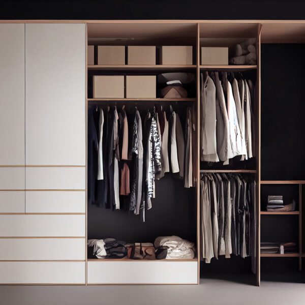 Minimalist modern wardrobe with neatly arranged hanging clothes and built-in storage compartments.