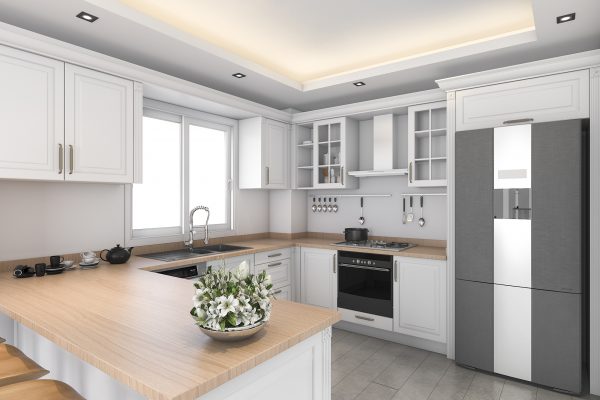 3D-rendered classic white kitchen with wooden countertops and modern appliances.