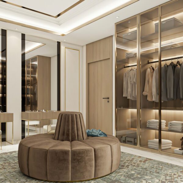 Elegant luxury dressing room with wood-finished wardrobes, gold accents, and a plush central ottoman.