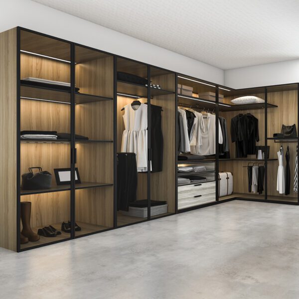 Minimalist Scandinavian walk-in closet with warm wood tones, black metal frames, and integrated LED lighting.