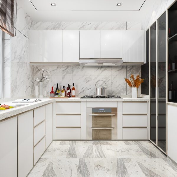 A modern white minimalist kitchen with wood accents, marble backsplash, and sleek cabinetry, creating a clean and elegant space.