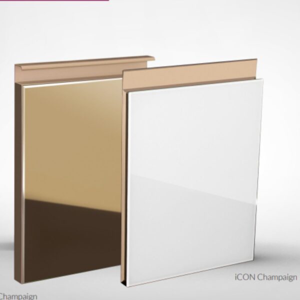 ICON Champaign glass cabinet doors with a modern champagne gold and white reflective finish.
