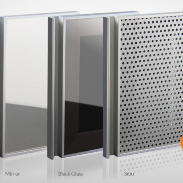 Mirror, black glass, and perforated Sibu panel cabinet doors with sleek aluminum frames.