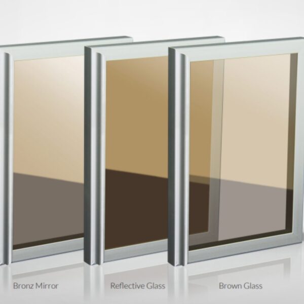 Bronze mirror, reflective glass, and brown glass cabinet doors with modern aluminum frames.
