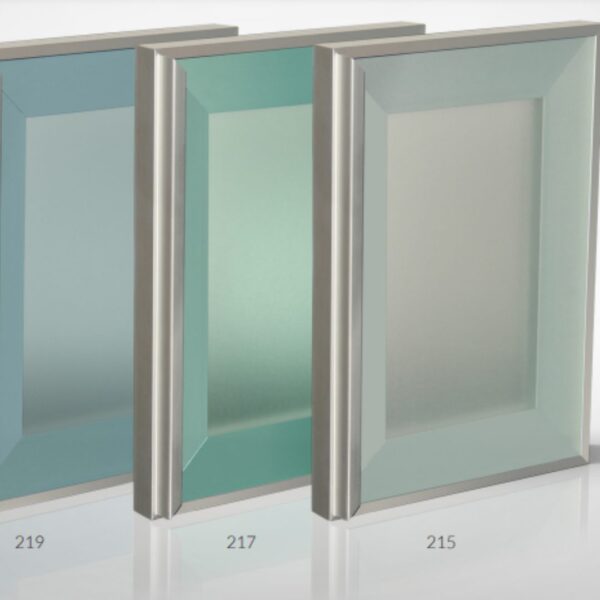 Glass-framed cabinet doors with a modern frosted and tinted glass finish, available in different shades.
