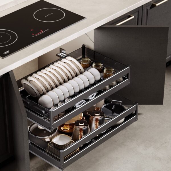 Modern pull-out dish rack with organized plates, cups, and cookware in a sleek kitchen cabinet.