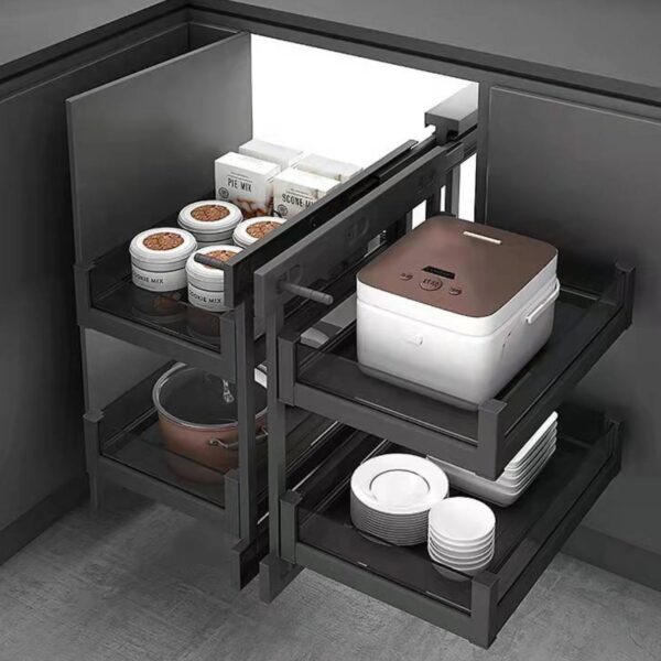 Modern pull-out kitchen storage with organized compartments for appliances, tableware, and dry ingredients
