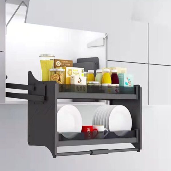 Modern pull-down kitchen cabinet storage with organized shelves for dishes, cups, and groceries.