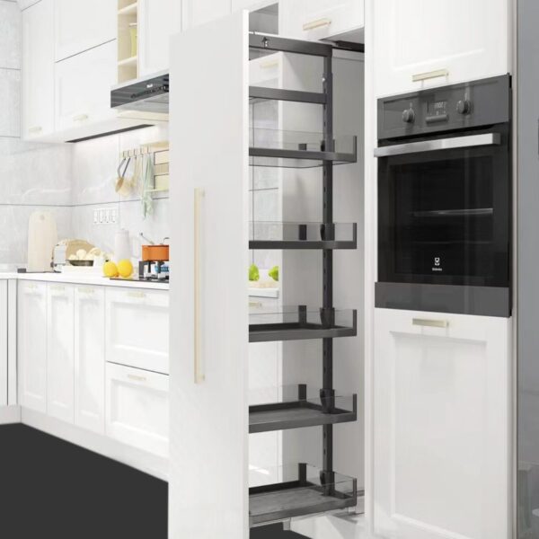 Modern tall pantry pull-out storage system integrated into a white kitchen cabinet for organized food and essentials.