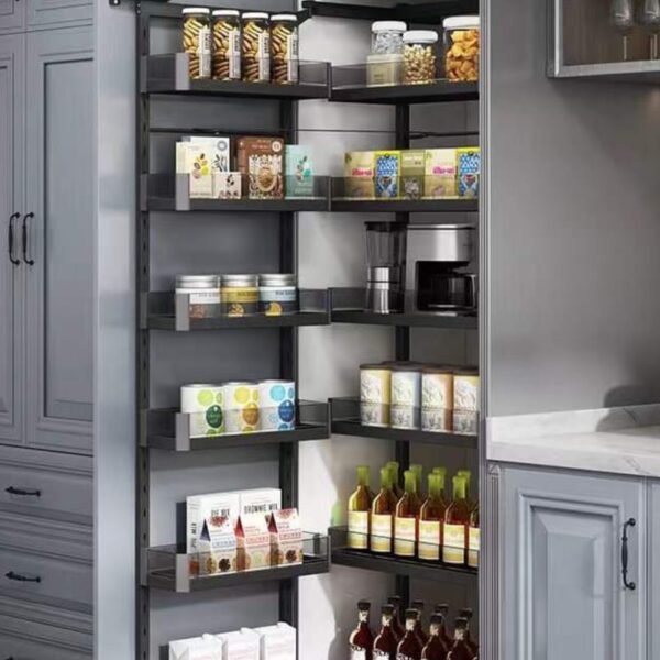 Spacious modern kitchen pantry with a sleek pull-out storage system, maximizing organization and accessibility.