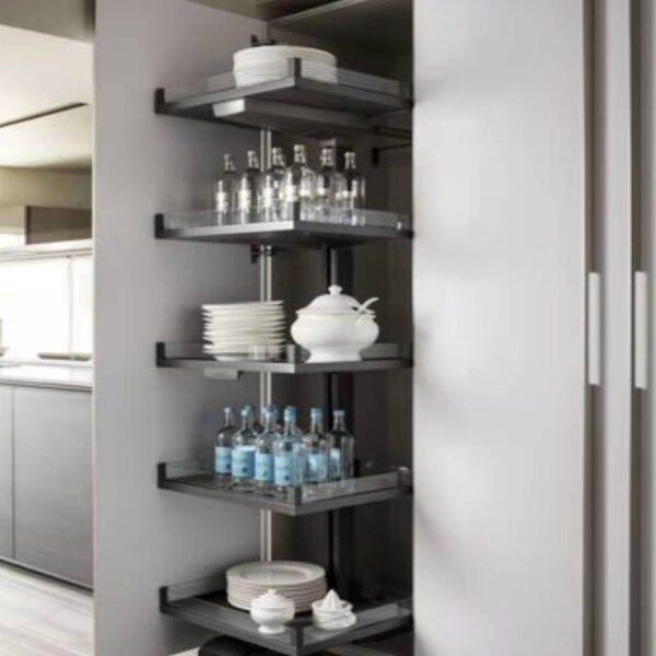 Elegant pull-out kitchen shelf with organized dinnerware, glassware, and bottled water for a modern and functional storage solution.