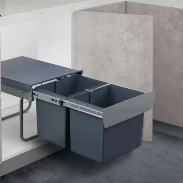 Modern pull-out kitchen waste bin organizer with dual compartments for efficient waste separation and easy access.