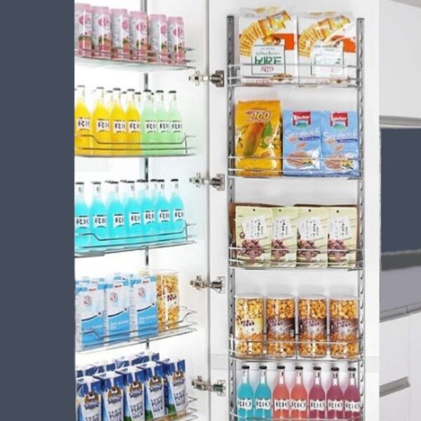Modern tall kitchen pantry organizer with multiple transparent shelves, neatly storing beverages, snacks, and pantry essentials.