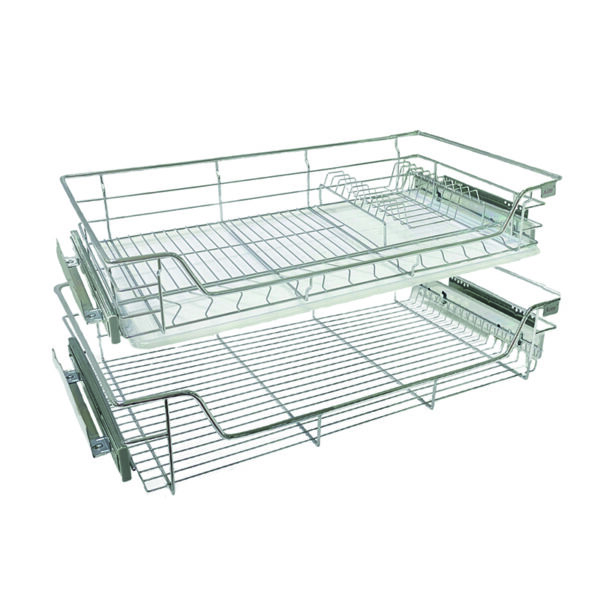 Double-layer pull-out wire basket for kitchen cabinets, designed for efficient storage and easy access.