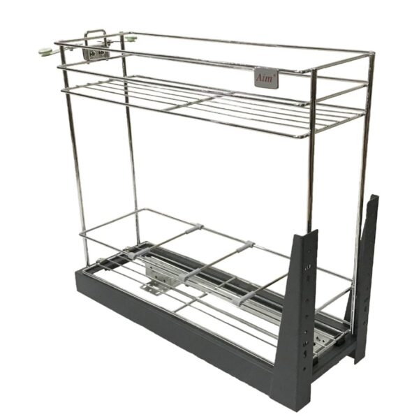 Stainless steel pull-out kitchen basket with two-tier storage, designed for organizing pantry essentials efficiently.