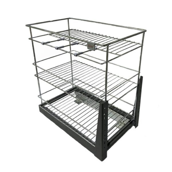 Three-tier stainless steel pull-out kitchen basket with a sturdy sliding mechanism, ideal for optimizing cabinet storage.