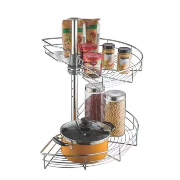 Two-tier stainless steel rotating corner rack for kitchen cabinets, designed for efficient organization of pots, jars, and dry goods.
