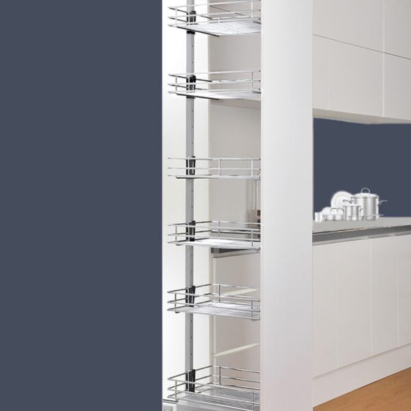 Tall pull-out pantry rack with multiple stainless steel baskets, seamlessly integrated into a modern white kitchen cabinet.