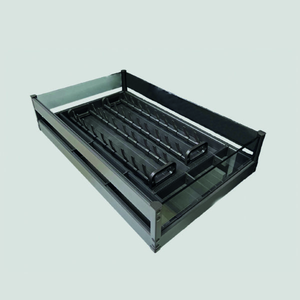 Pull-out kitchen cutlery tray with multiple compartments for organized storage, featuring a sleek black finish.