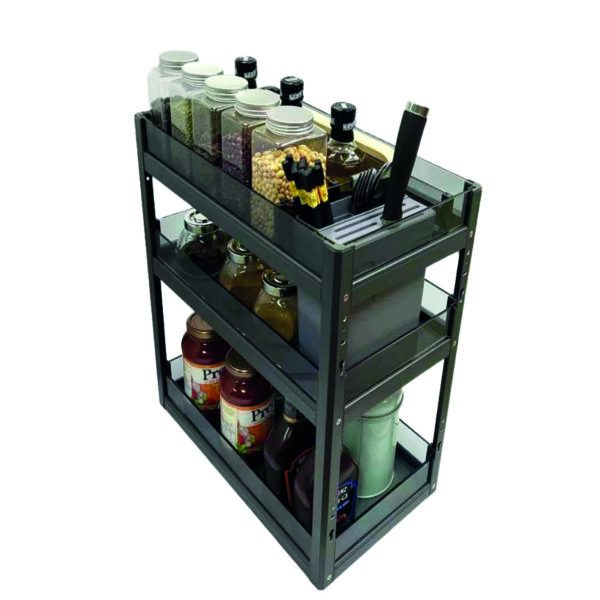 Three-tier pull-out kitchen rack for storing spices, condiments, and cooking essentials in an organized manner.