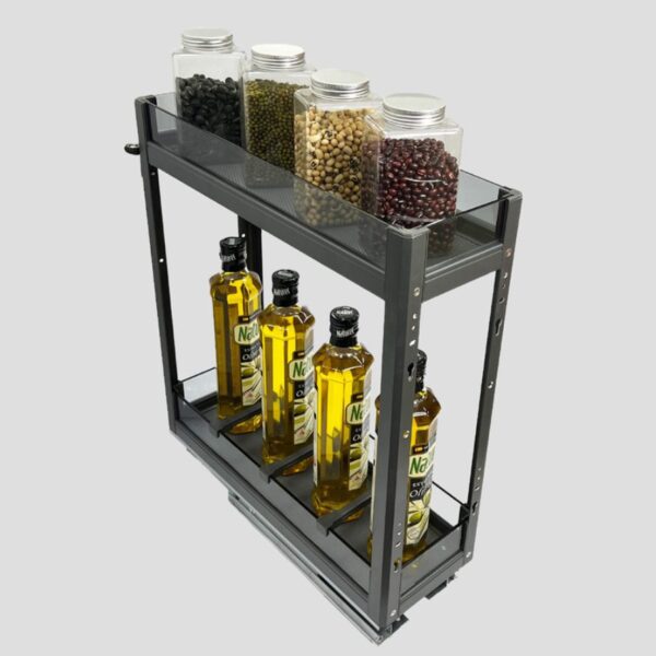 Slim pull-out spice rack with two-tier storage, designed for organizing bottles and jars in kitchen cabinets.