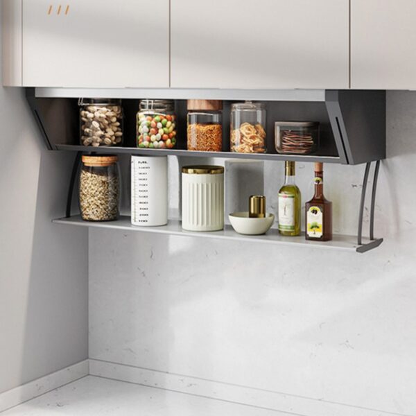Sleek kitchen wall-mounted shelf with storage jars, spices, and condiments, designed for a stylish and organized kitchen.