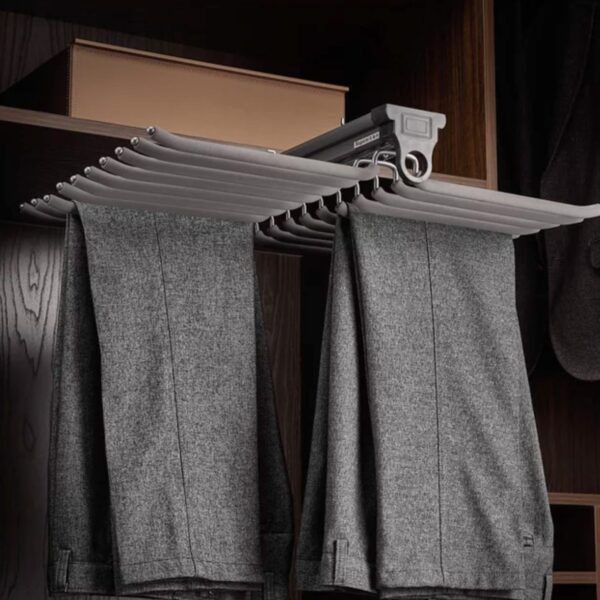 Modern pull-out pants hanger rack with multiple slots, designed for neatly organizing trousers in a stylish wardrobe.