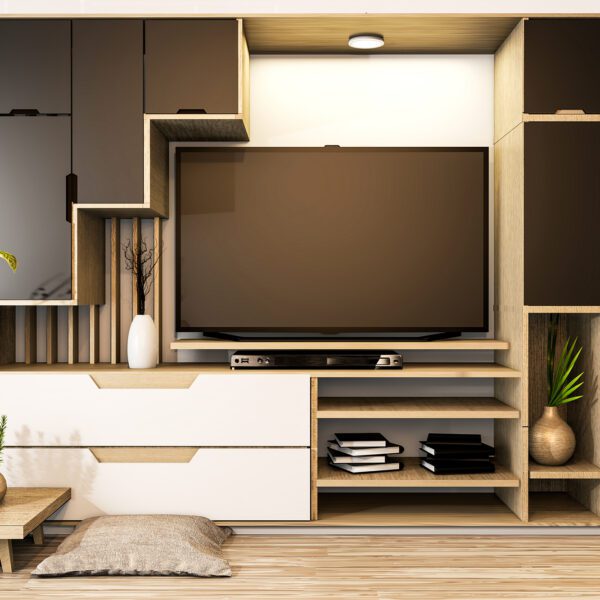 3D-rendered Japanese-style wooden TV cabinet with wardrobe, shelves, and decorative plants.