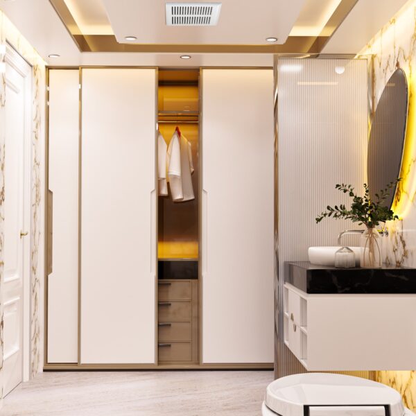 Elegant white marble bathroom featuring gold-accented walls, a modern vanity with ambient lighting, and a sleek wardrobe for a luxurious interior design.