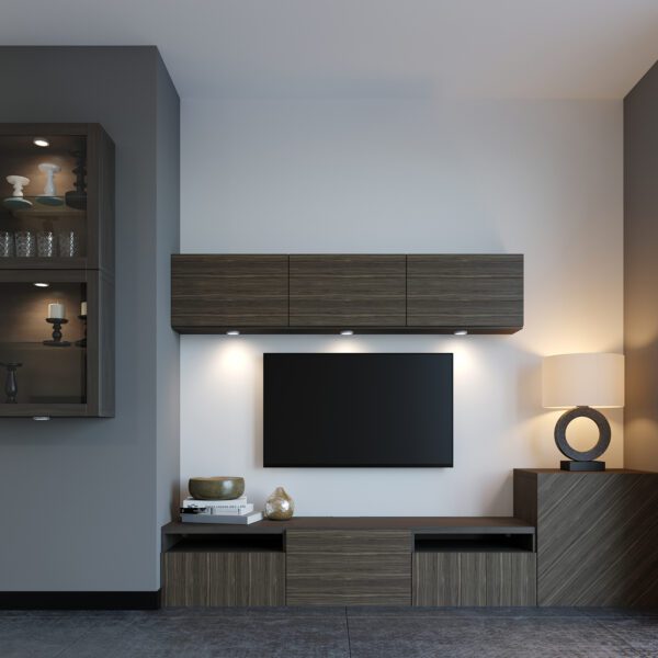 Contemporary TV wall unit with dark wood floating cabinets, built-in LED lighting, and a sleek glass display showcase in a modern living space.