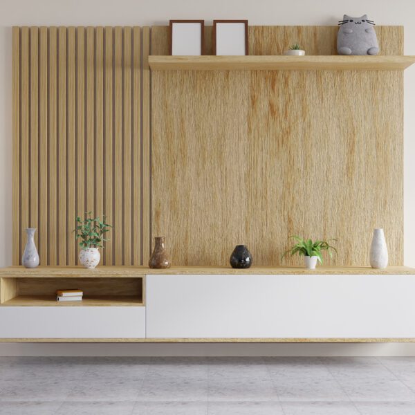 Modern living room with a sleek floating TV cabinet, warm wooden panel wall, decorative shelves, hanging lamp, and stylish decor elements.