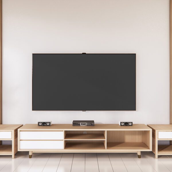 Minimalist Japanese Zen-style TV cabinet with a wooden finish, white drawers, and green potted plants, creating a serene living room ambiance.