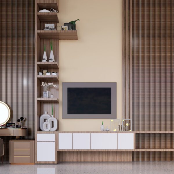 A stylish wall-mounted wooden TV cabinet with integrated dressing table, open shelving, and storage compartments, designed with warm wood tones and modern aesthetics.