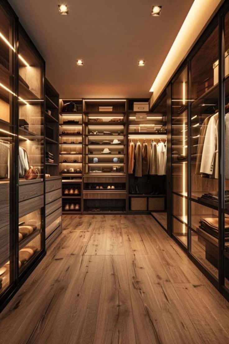 Luxurious walk-in closet with glass doors, wooden shelves, ambient lighting, and organized storage