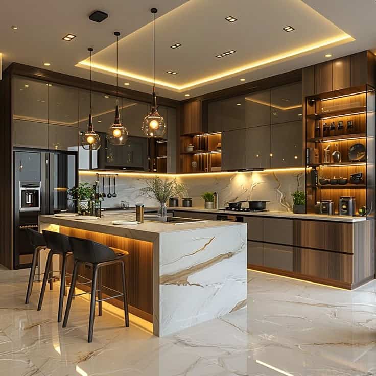 Modern Luxury kitchen marble island, wood and glass cabinets, pendant lighting, and integrated appliances