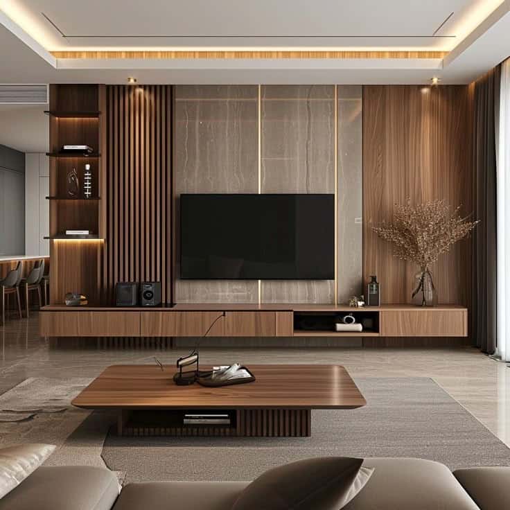 Modern living room with wooden TV panel, floating media console, minimalist decor, and accent lighting